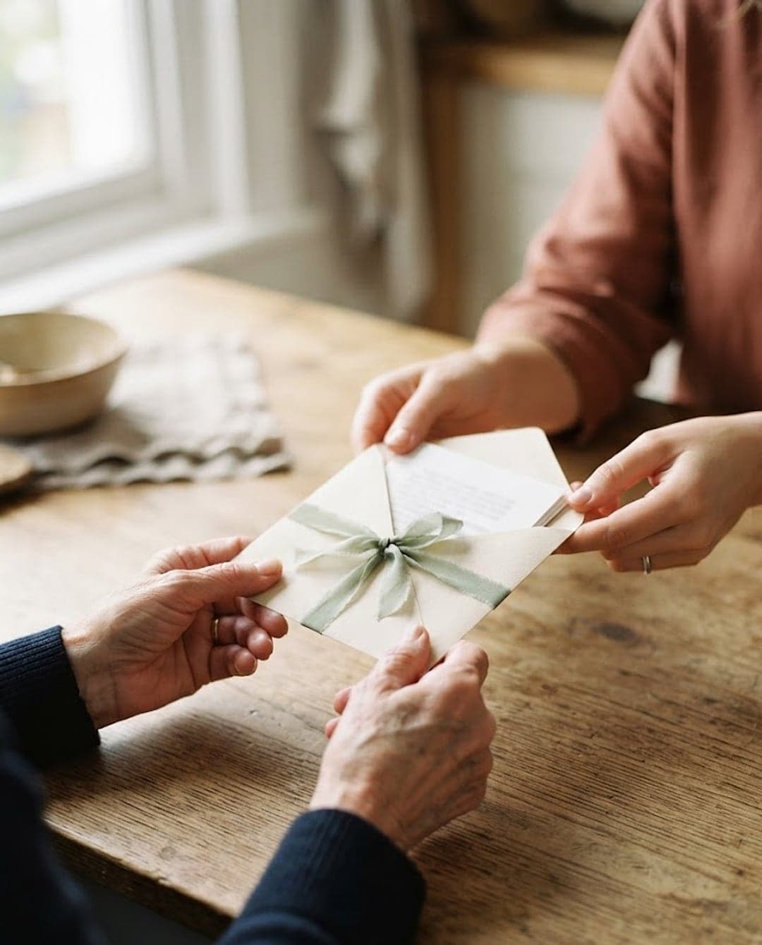 A daughter hands her mom an envelope tied with a green ribbon, with the program pages inside