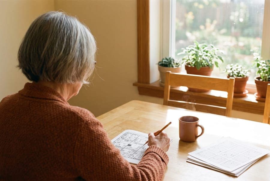 An older woman doing a puzzle page at the kitchen table, with a mug of coffee