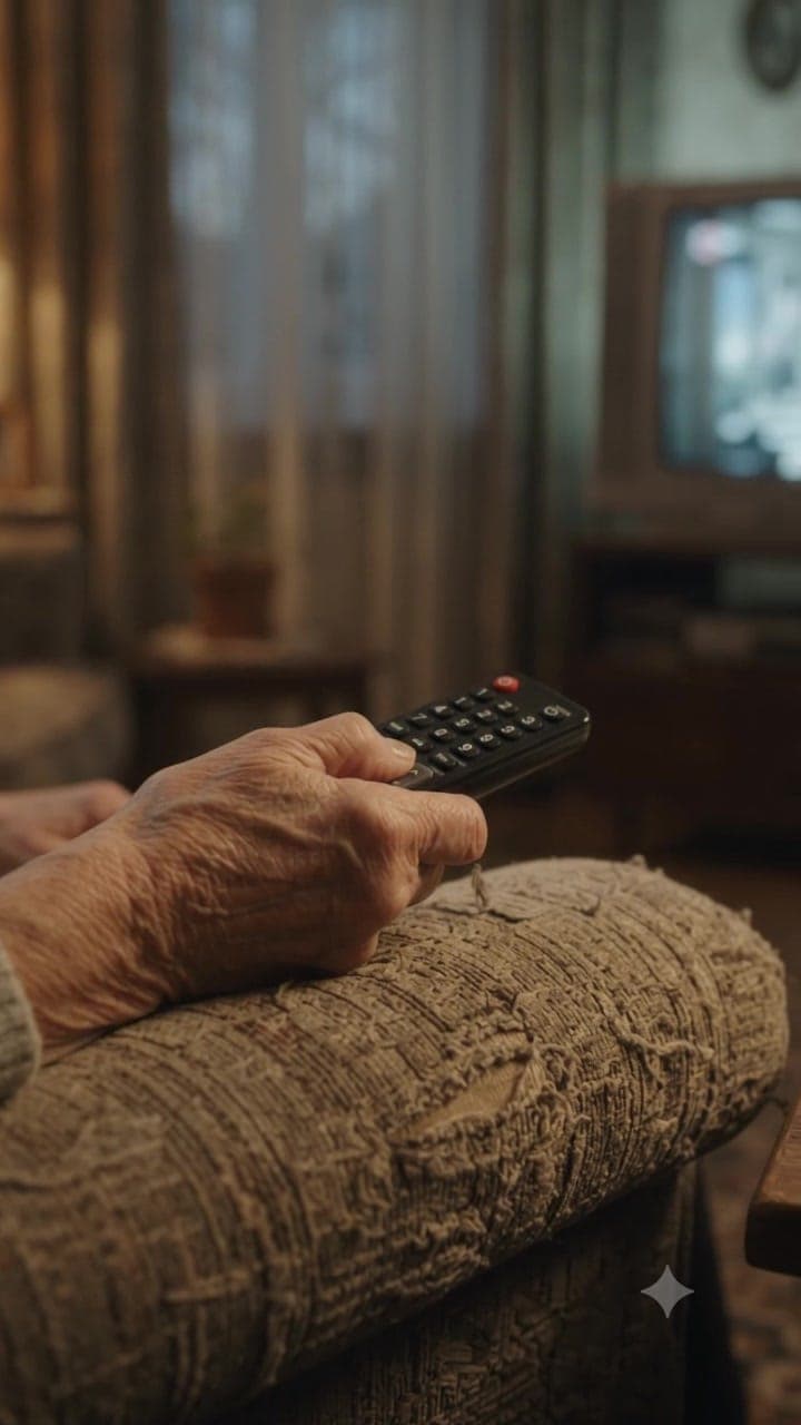 A hand holding a TV remote